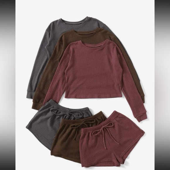 3sets Solid Waffle Knit Knotted Front Pj Set - Picture 2 of 3